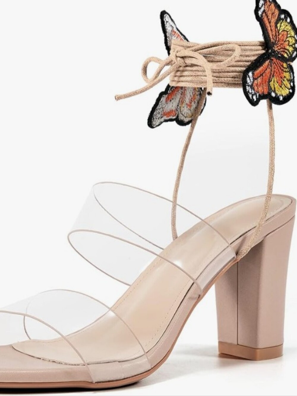 NWT Embroidered Butterfly Lace Up Block Heels Clear Strap Sandals Apricot